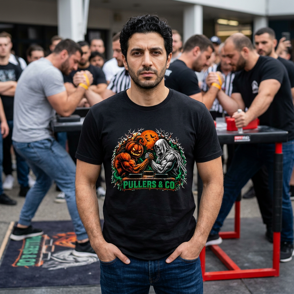 Halloween Arm Wrestling Pumpkin vs. Reaper Unisex T-Shirt | Pullers & Co.
