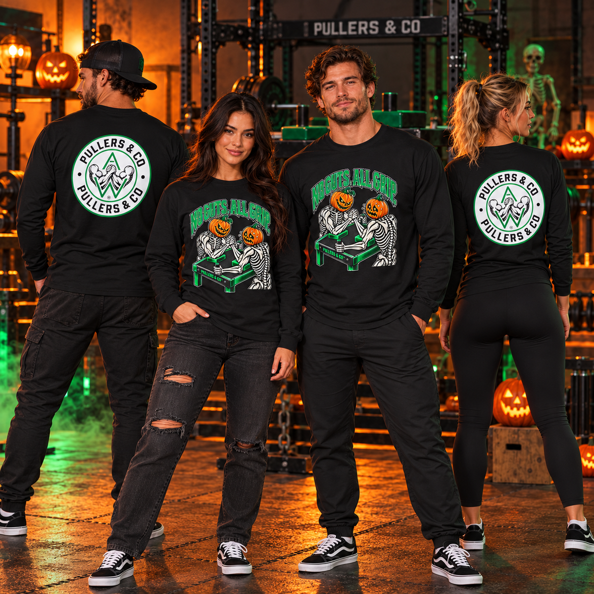 Halloween Skeleton-Pumpkin Head Arm Wrestling Long Sleeve Unisex Shirt | Pullers & Co.