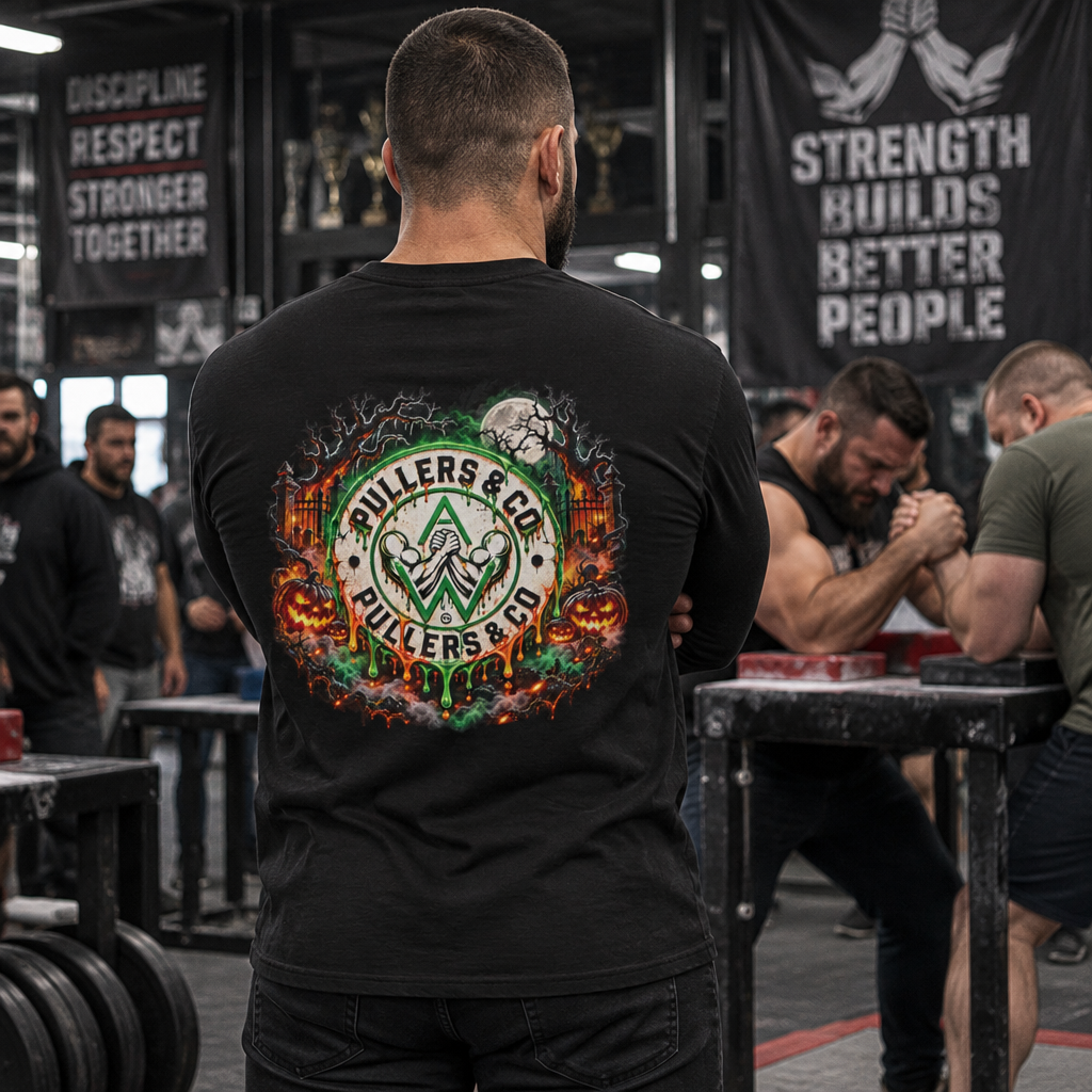 Halloween Arm Wrestling Unisex Long Sleeve Shirt | Pullers & Co. Haunted Emblem Tee