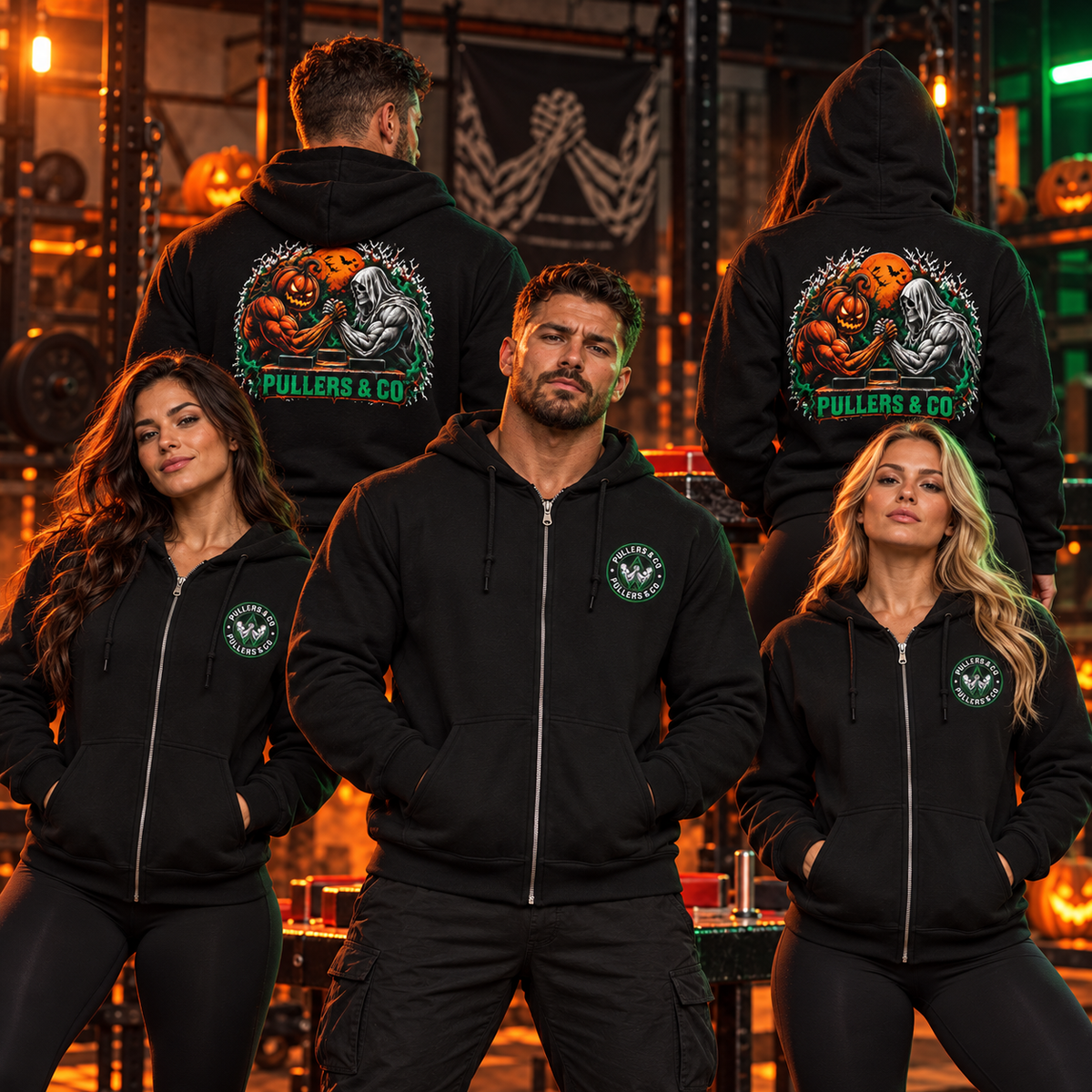 Unisex Halloween Pumpkin vs. Reaper Arm Wrestling Zip-Up Hoodie | Pullers & Co.