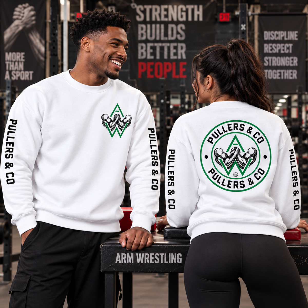 Arm Wrestling Crewneck Sweatshirt Unisex | Classic Arm Emblem & Circular Logo | Pullers & Co.