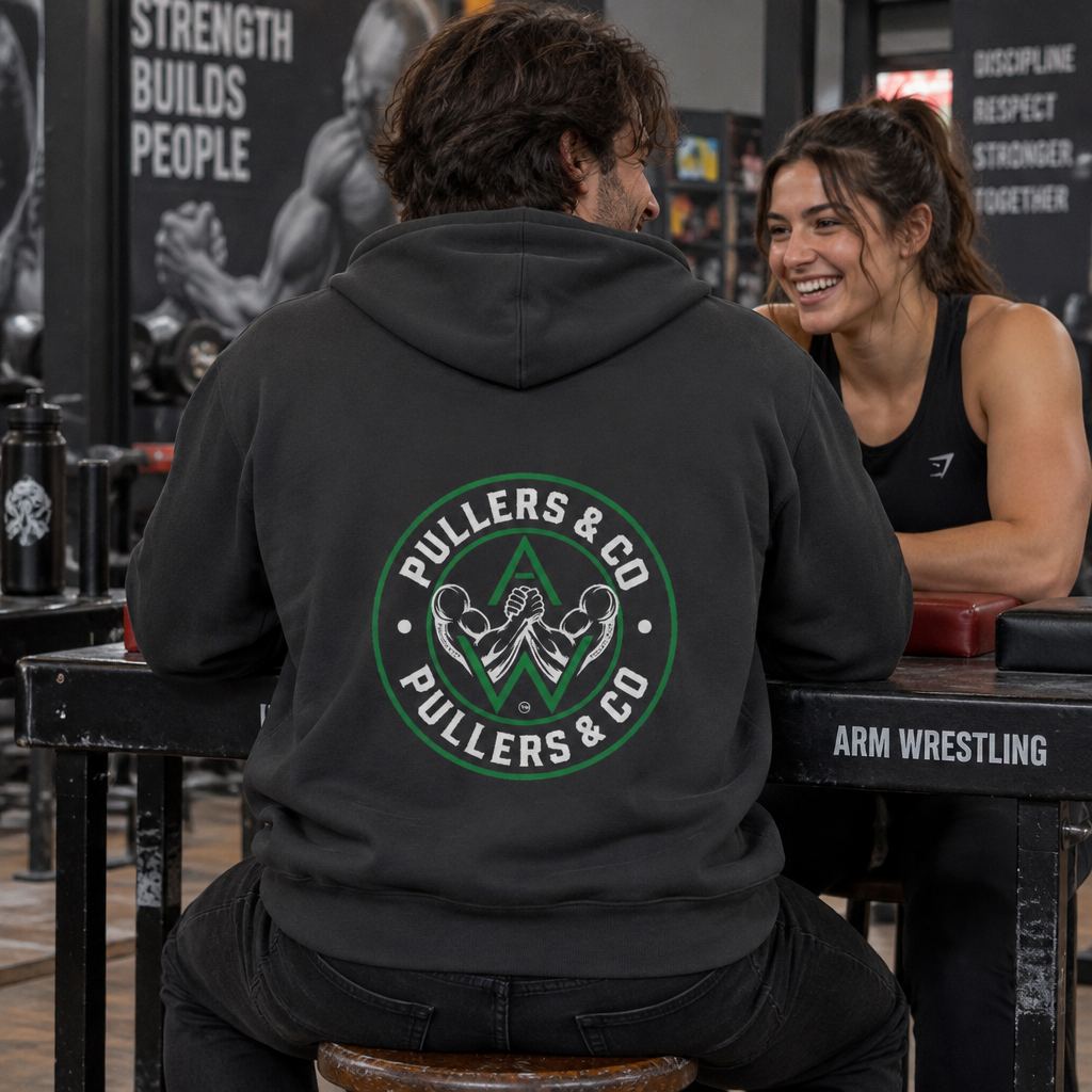Arm Wrestling Pullover Hoodie Unisex | Classic Arm Emblem & Circular Logo | Pullers & Co.