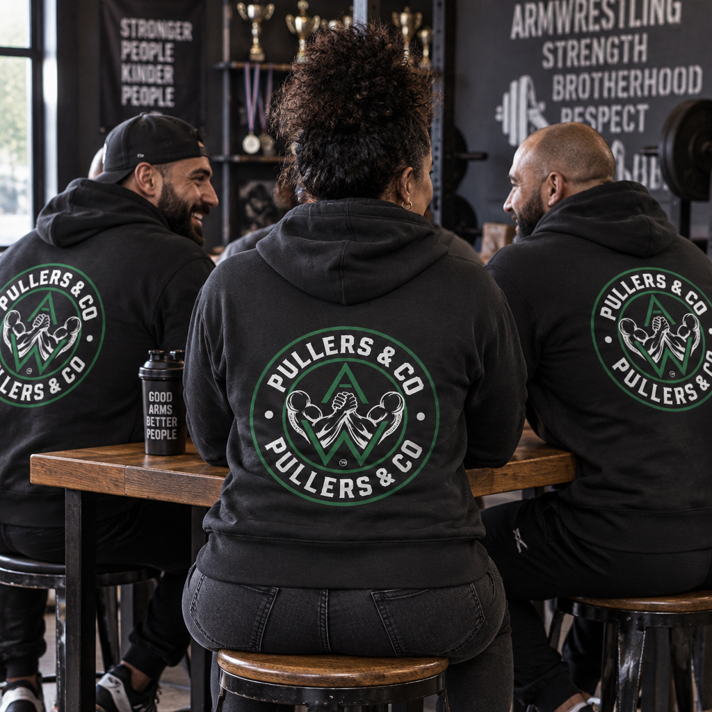 Arm Wrestling Pullover Hoodie Unisex | Classic Arm Emblem & Circular Logo | Pullers & Co.