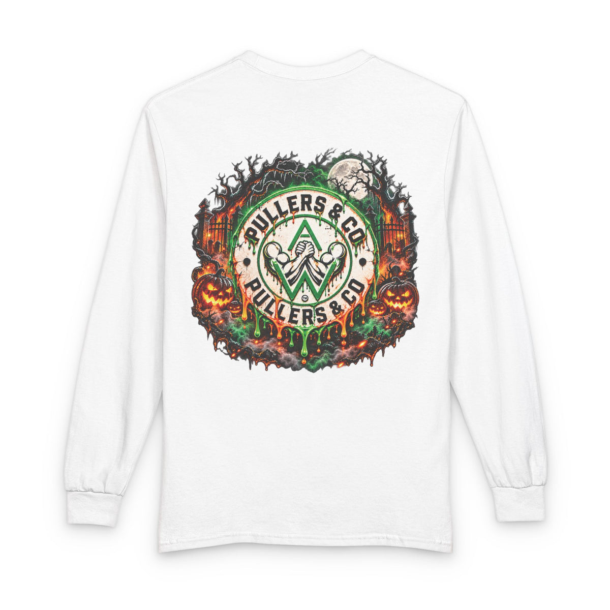 Halloween Arm Wrestling Unisex Long Sleeve Shirt | Pullers & Co. Haunted Emblem Tee