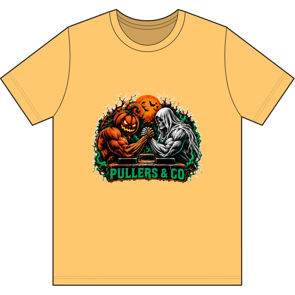 Halloween Arm Wrestling Pumpkin vs. Reaper Unisex T-Shirt | Pullers & Co.