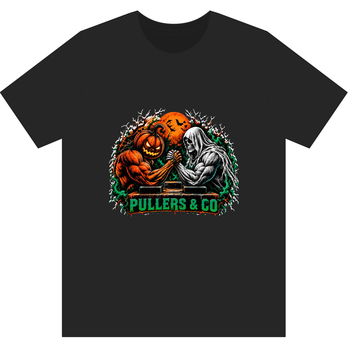 Halloween Arm Wrestling Pumpkin vs. Reaper Unisex T-Shirt | Pullers & Co.
